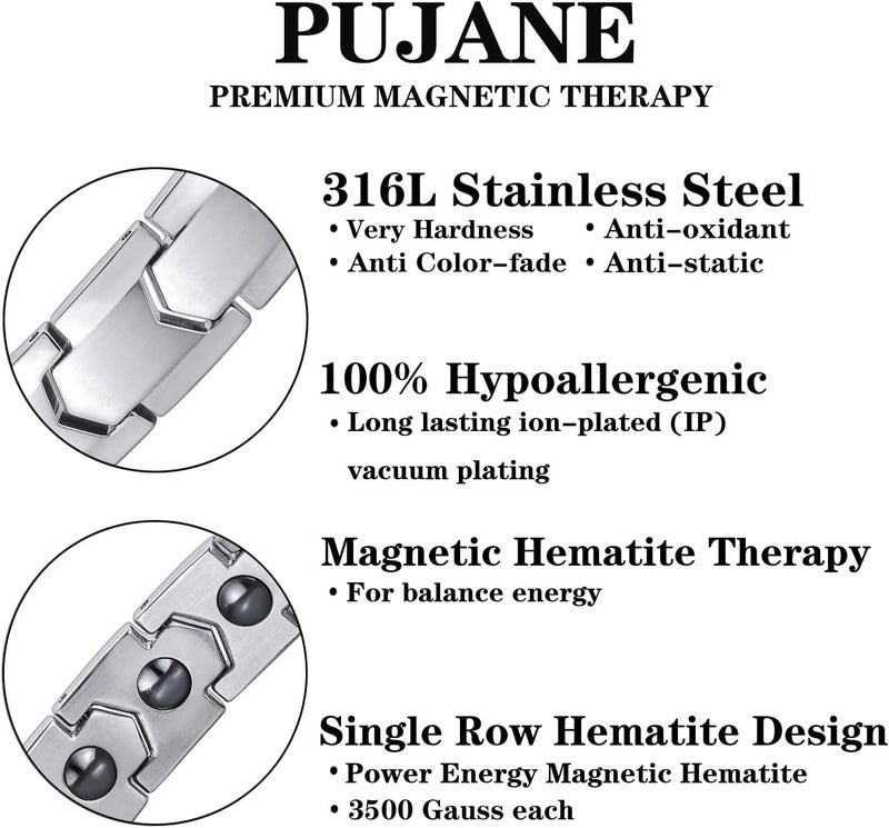 PUJANE Magnetic Hematite Bracelets for Men Women 316L Stainless Steel Power Balance Energy Magnets Stones Bracelet Jewelry Gift with Adjustment Tool - Image 3